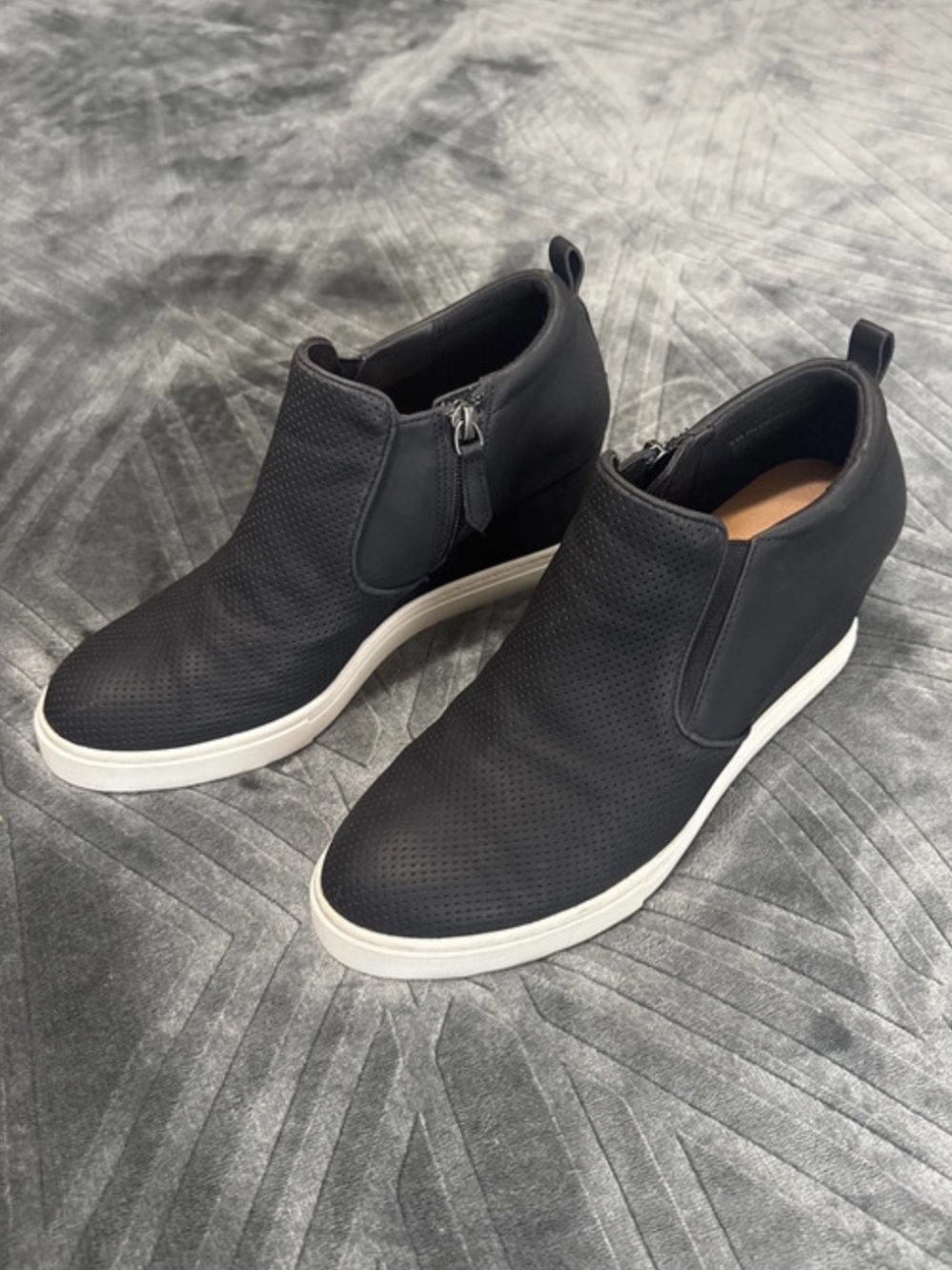 Susina Black Perforated Wedge Ankle Booties with White Sole